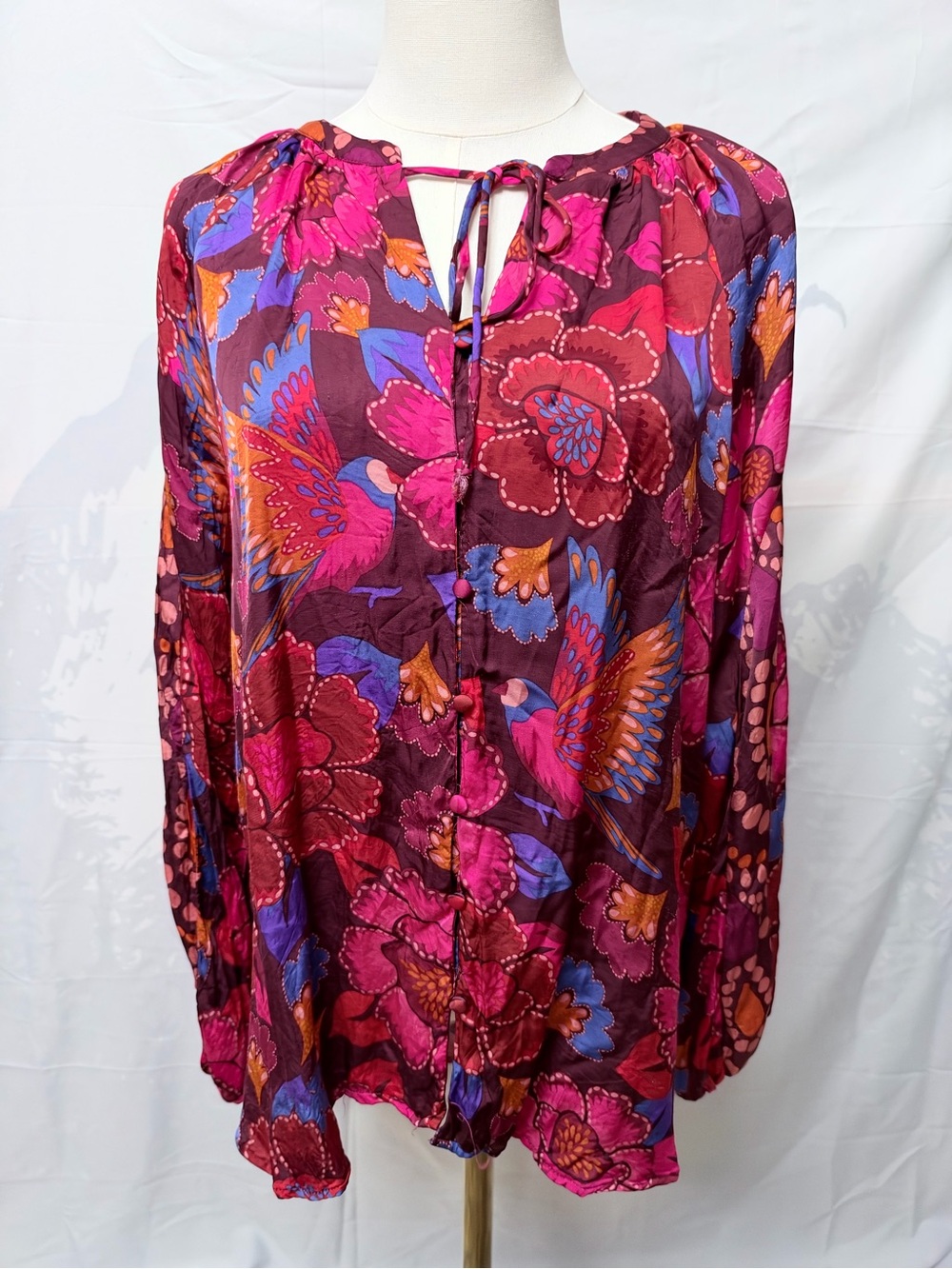 Philosophy Republic Clothing L/G Floral Boho Peasant Blouse Tie Neck